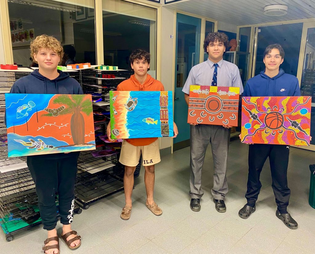 Our students with their artwork (L-R): Nathan Spry (Year 11), Leon Connop (Year 11), Drew Willie (Year 12) and Jacob Foster (Year 11)