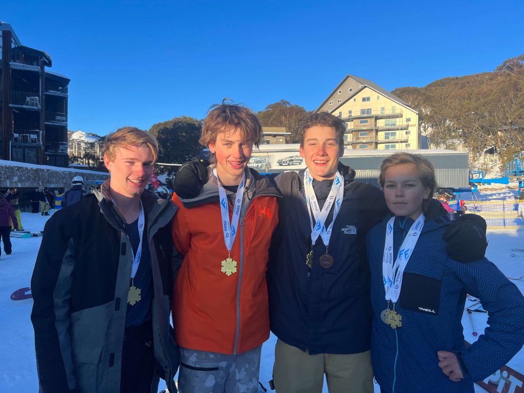 Winners of the Div 2 Alpine Giant Slalom Team Division: (L to R) Year 10 students Jack Hawkes, Charlie Milne, Penn Stutz-Roberts and Tommy Linke