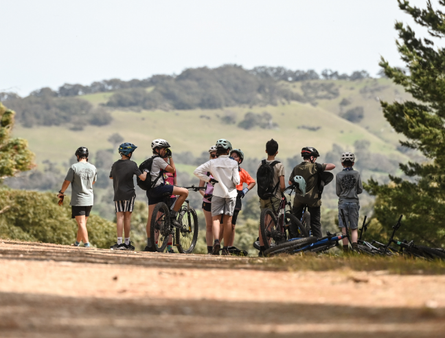 Students mountain bike riding on a school camp in a forest 
